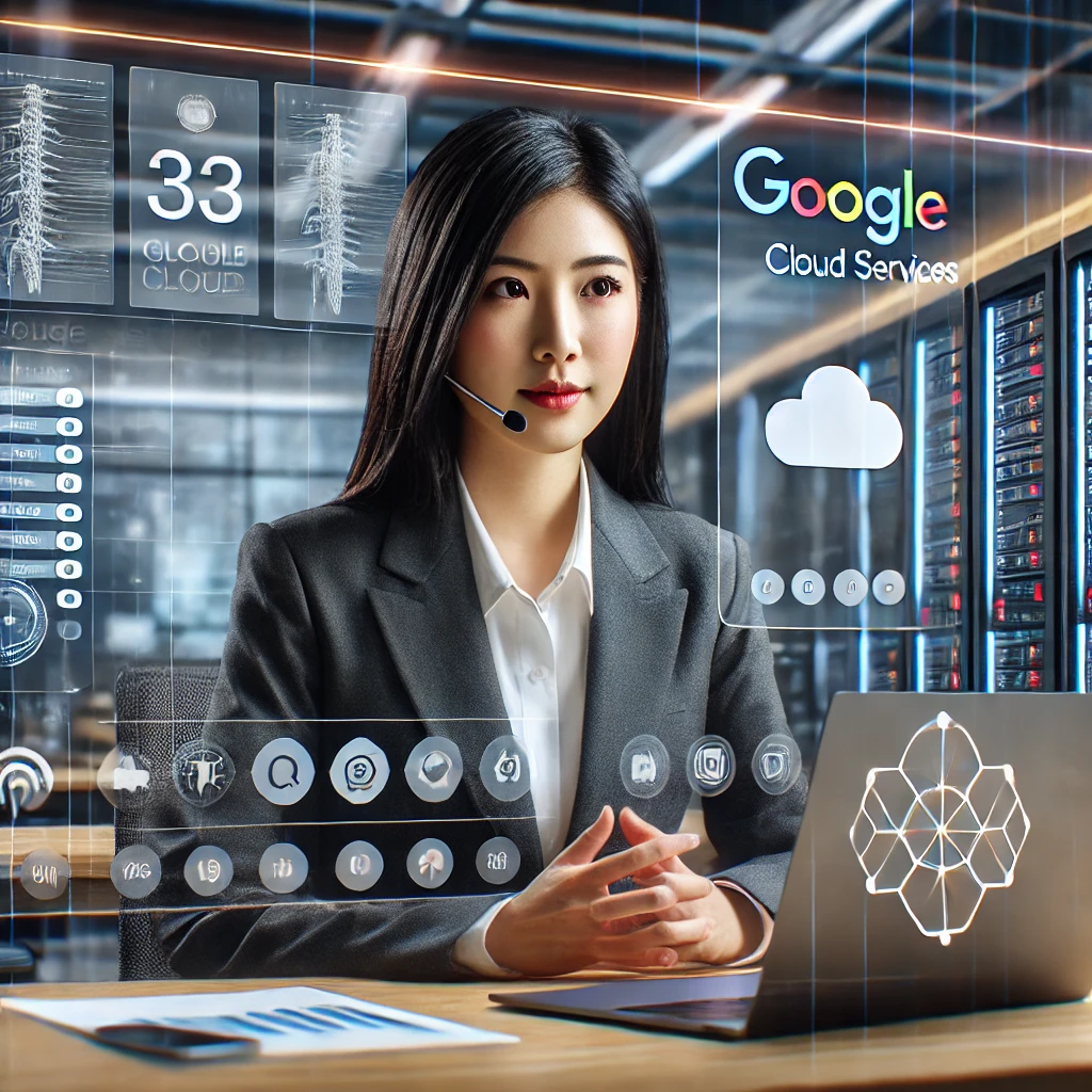 DALL·E 2025 01 10 09.05.57 A virtual meeting setup featuring a professional consultant who is focused and providing guidance on Google Cloud Services. The image depicts a moder