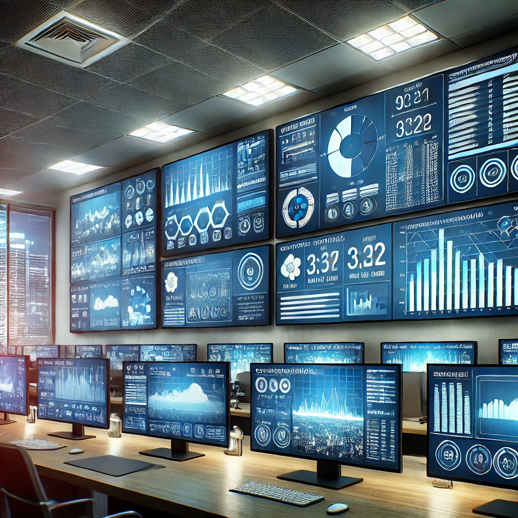 DALL·E 2025 01 10 10.28.03 A modern office environment with multiple screens displaying real time monitoring dashboards for cloud infrastructure. The image includes a variety of