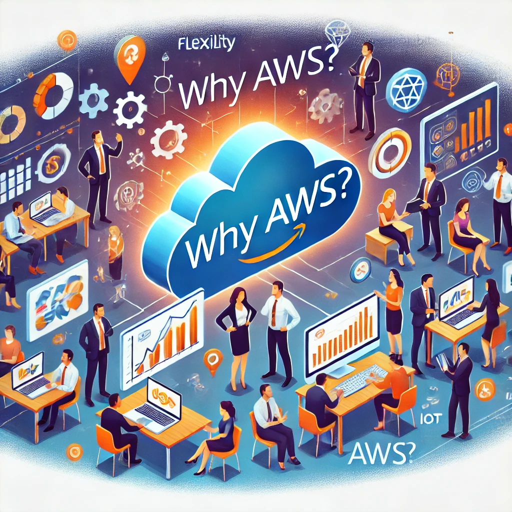 DALL·E 2025 01 10 16.50.09 A detailed illustration for a section titled Why AWS  depicting the benefits of using AWS for a business. The image should feature diverse business