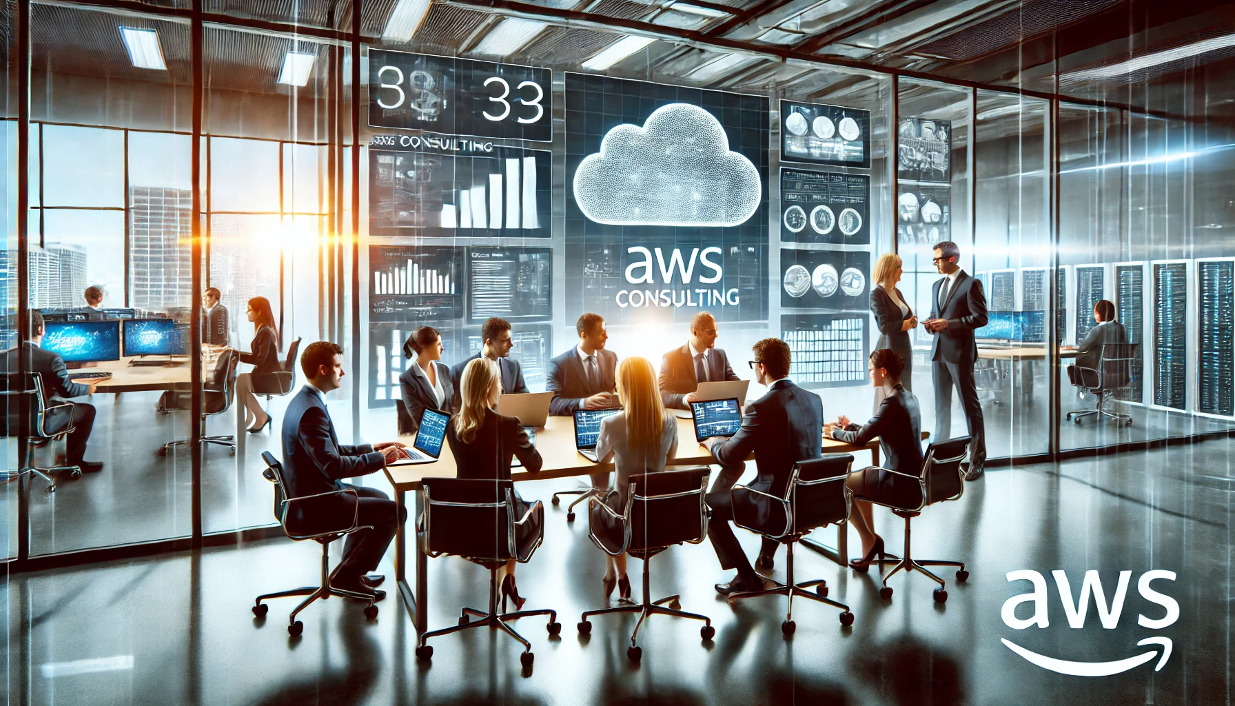 DALL·E 2025 01 11 08.44.00 A professional and modern office setting with a group of AWS consulting experts engaging with clients. The image should depict a diverse team of consu