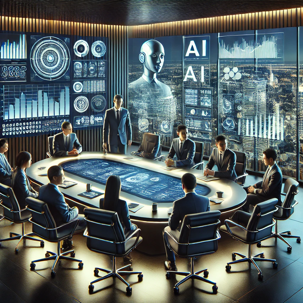 DALL·E 2025 01 14 15.39.33 A digital illustration depicting a professional Asian team engaged in strategic planning with AI enhanced dashboards. The scene is set in a luxurious