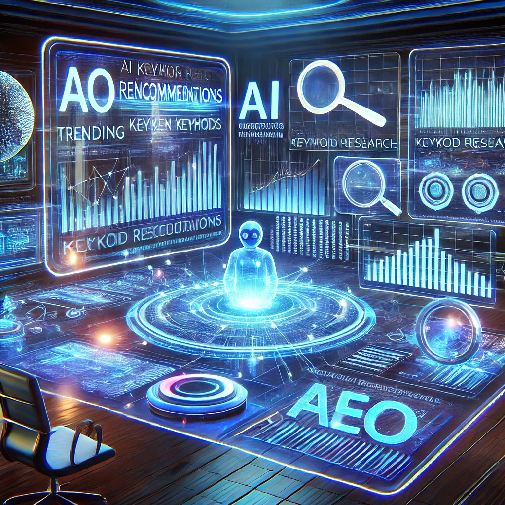DALL·E 2025 01 14 16.21.36 A digital illustration of a futuristic dashboard displaying AI recommendations keyword research data and analytics. The scene is set in a high tech