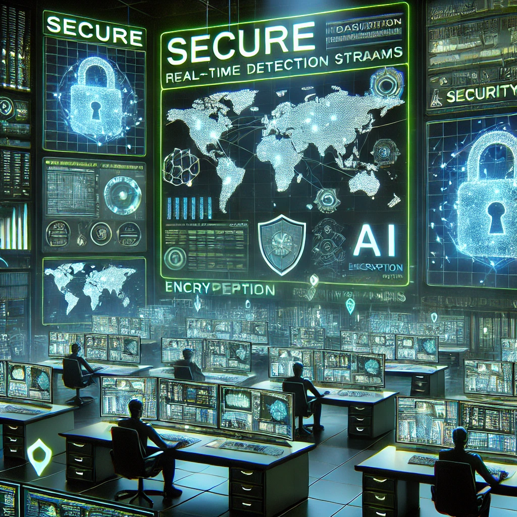DALL·E 2025 01 14 16.22.08 A digital illustration of secure dashboards with encryption visuals and AI actively monitoring for threats. The scene features a cybersecurity operati
