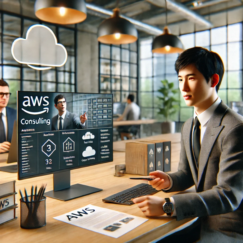 DALL·E 2025 01 23 15.12.17 A realistic square image of an Asian consultant providing AWS consulting services in a modern office setting. The scene includes a detailed office en