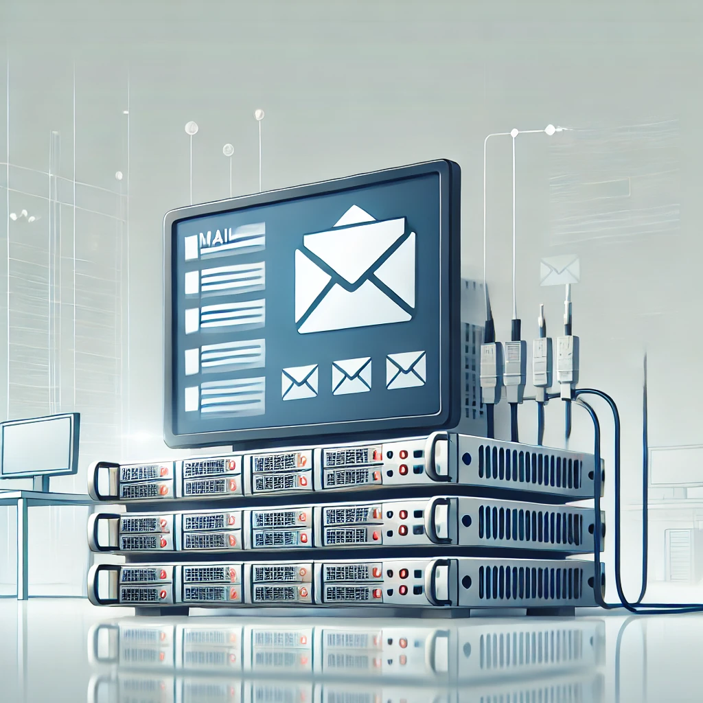 DALL·E 2025 01 23 16.50.56 A simple and clear illustration of an email hosting setup focusing on a single server with visible components such as hard drives and network cables